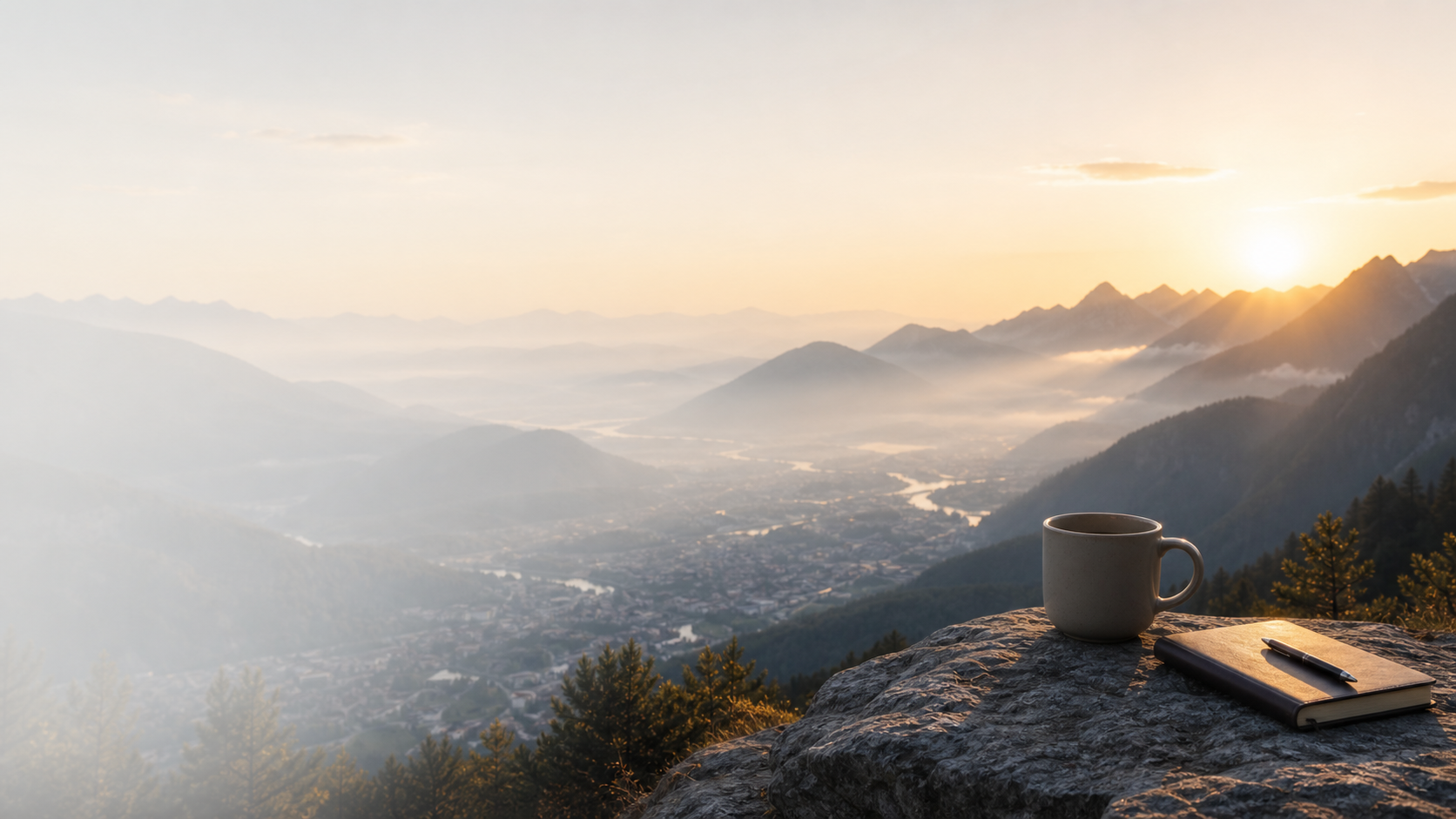 A coffee mug and notebook on a stone overlook above a misty sunrise mountain valley